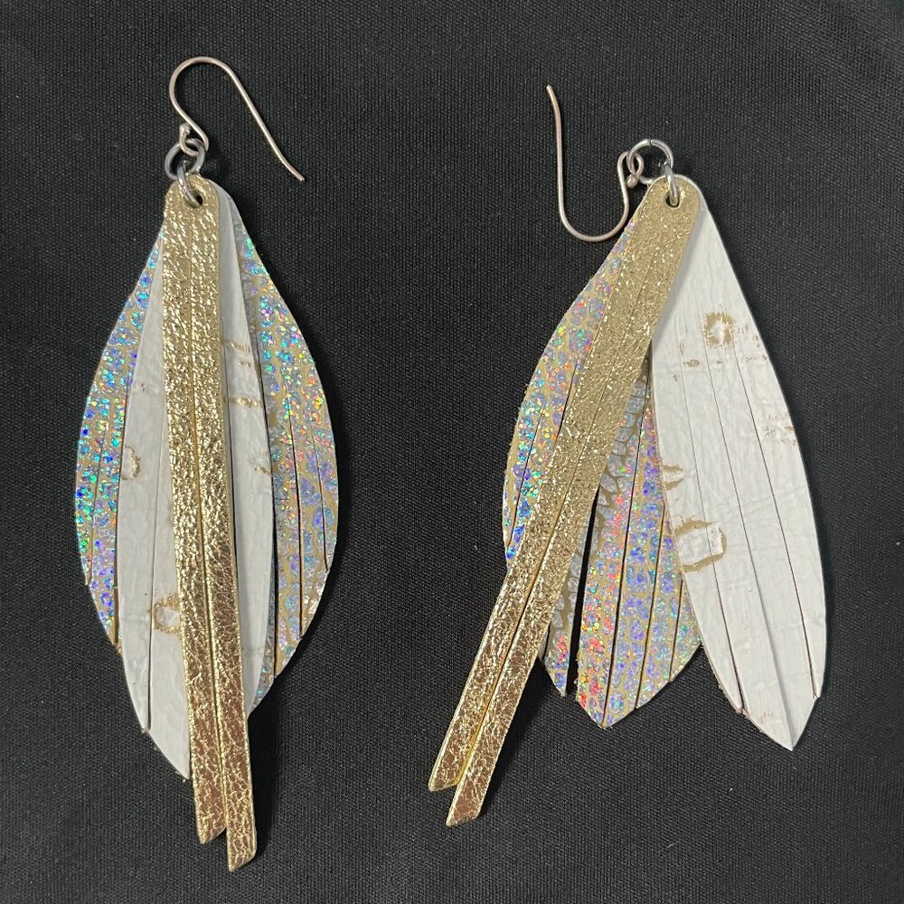 Sparkling Layered Leather Feather Earrings